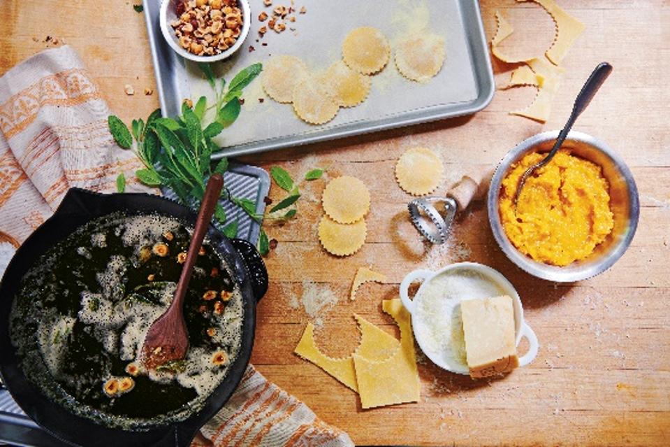 cast iron pan, brown butter sage, pasta,ravioli class for sur la table cooking classes