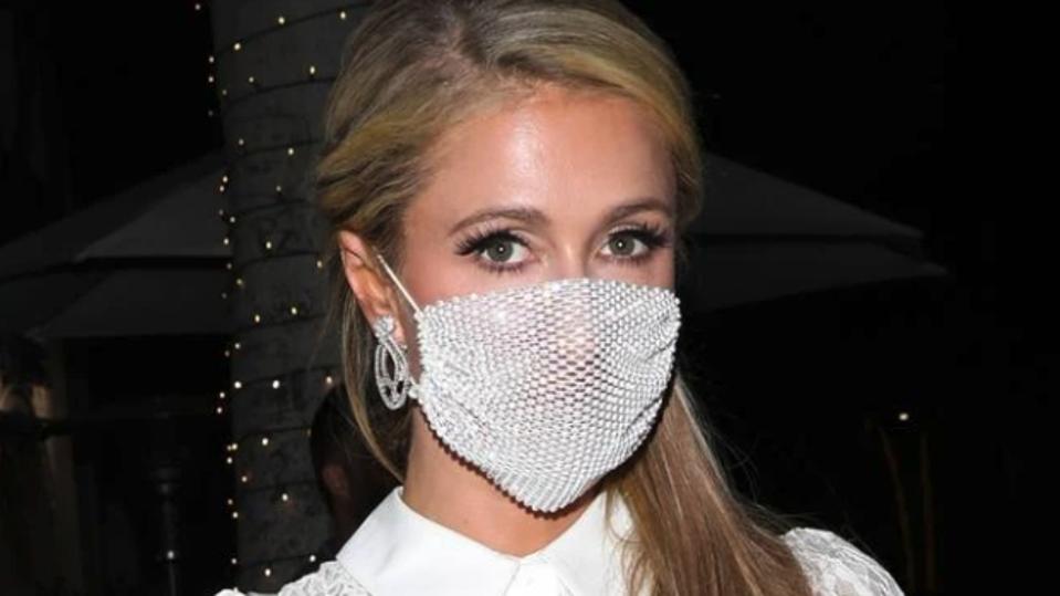 paris hilton, celebrity, style, fashion, mask cover, bling