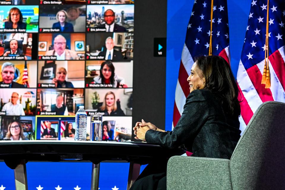 Vice President-elect Kamala Harris participates in a virtual meeting with the United States Conference of Mayors (Photo by CHANDAN KHANNA/AFP via Getty Images)