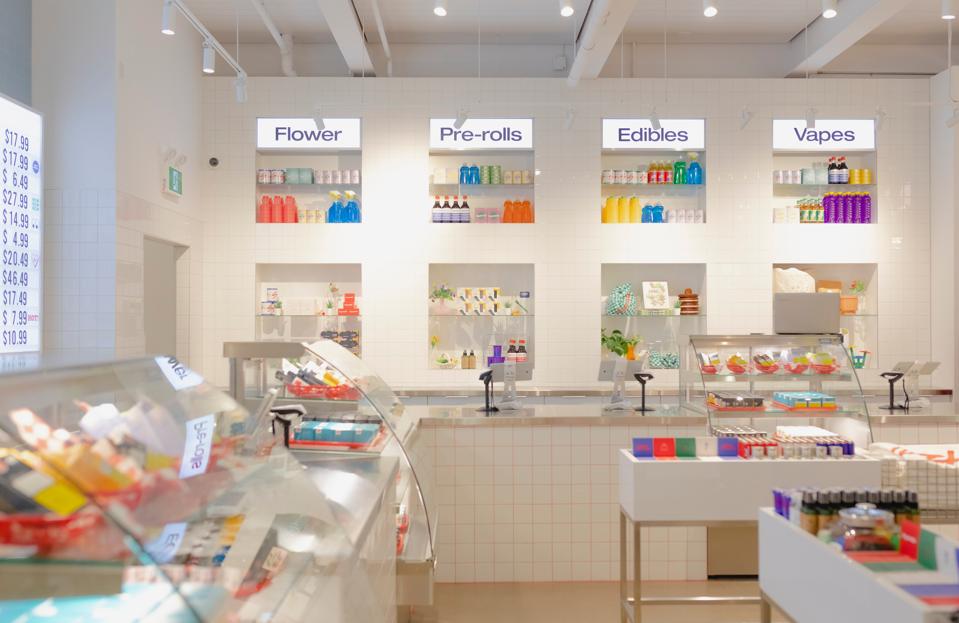Superette's Summerhill location displays cannabis atop clean white tiles.