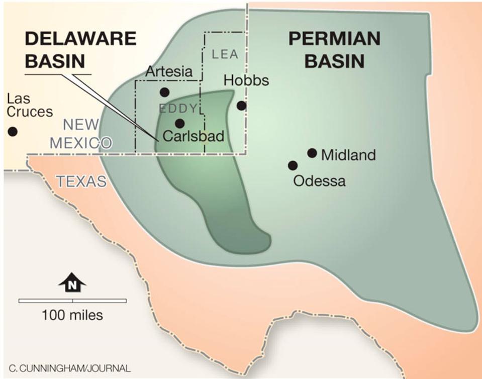 The Delaware basin is part of the Permian basin in southeastern New Mexico.