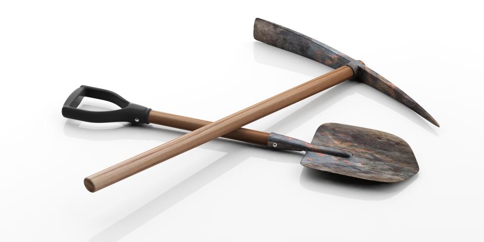 Pickaxe and shovel on white background. 3d illustration