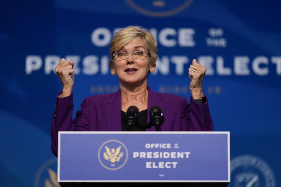 Jennifer Granholm, President-elect Joe Biden's pick to head the Department of Energy, speaking at the podium at the Queen Theater in Wilmington, Del.