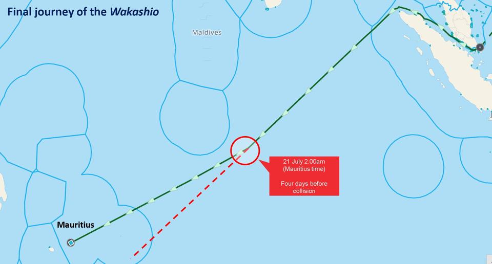 Satellite analysis by Windward reveals that if the Wakashio hadn't made the 13 degree turn toward Mauritius, it would have passed over 200 miles South of Mauritius.