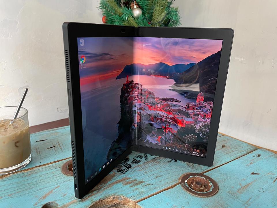 Lenovo ThinkPad X1 Fold half folded.