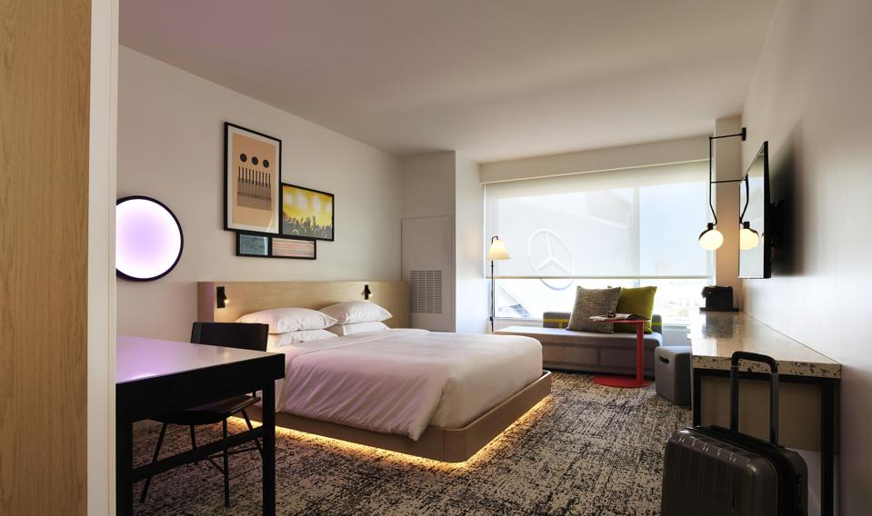 Interior of a guestroom at the Reverb Hotel