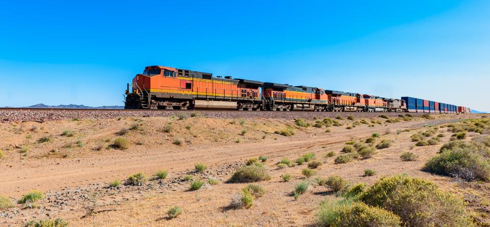 Freight Train driving through Mojave Desert California