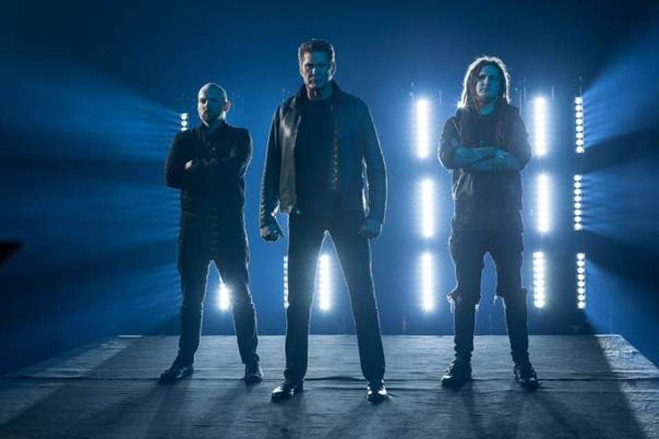 Singer and actor David Hasselhoff (center) works with Martin Kames (left) and Bernth Brodträger (right) of Austrian duo CueStack on the new single ″Through the Night″ (Photo by Maximilian Lottmann)