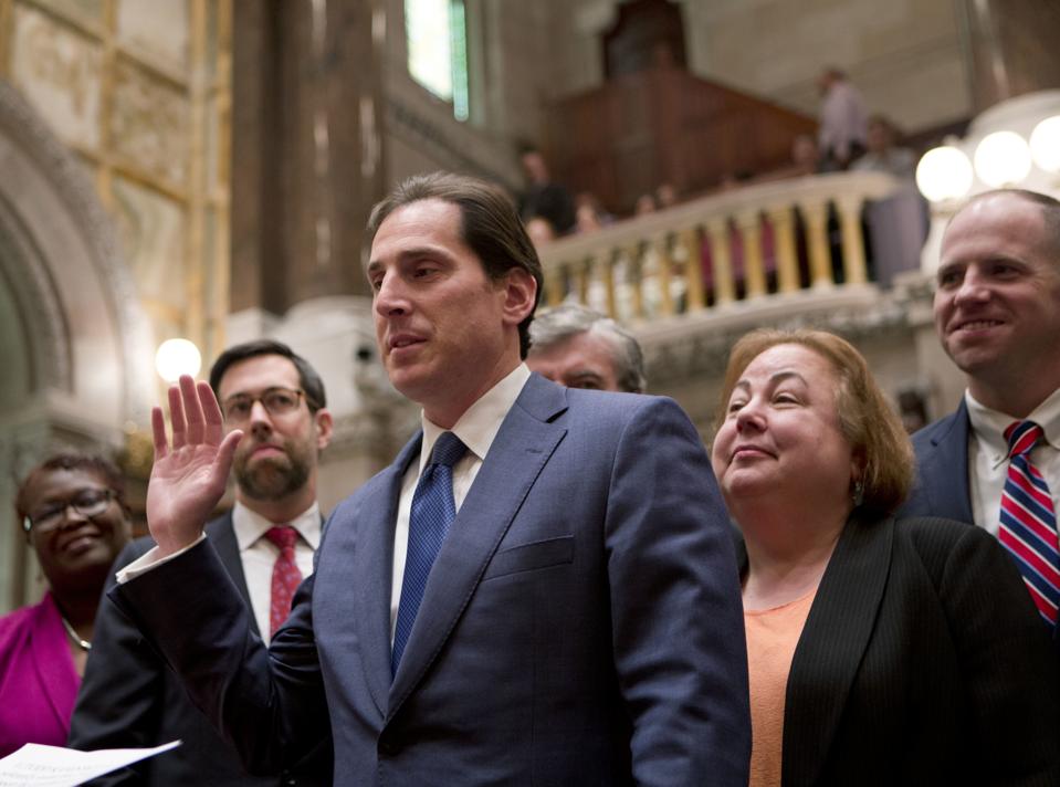Former prosecutor Todd Kaminsky, in 2016 in Albany, taking his oath of office