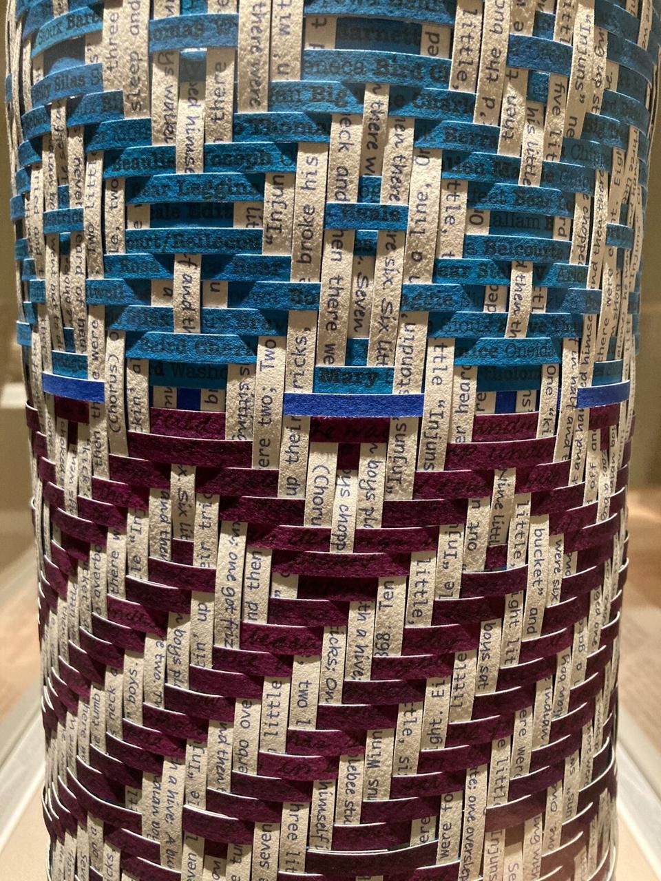 Detail of Shan Goshorn’s (Eastern Band Cherokee), 'Zero Tolerance,' (2016). Arches watercolor paper splints printed with archival inks and acrylic paint.