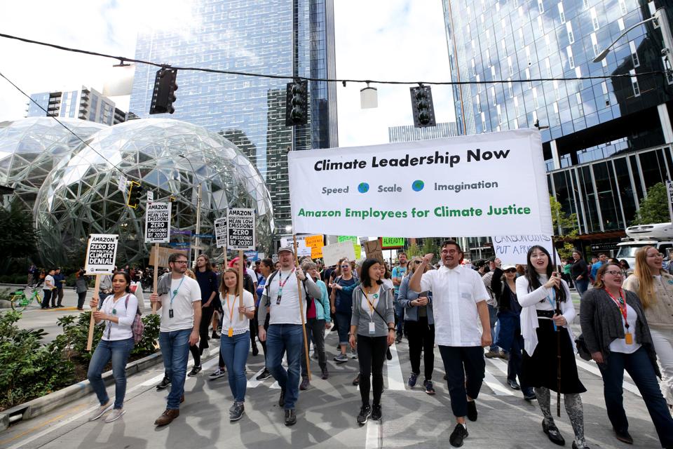 There has been a backlash against tech companies like Amazon (seen here outside Amazon's Headquarters in Seattle) for a range of issues, such as their stance on climate and environmental initiatives