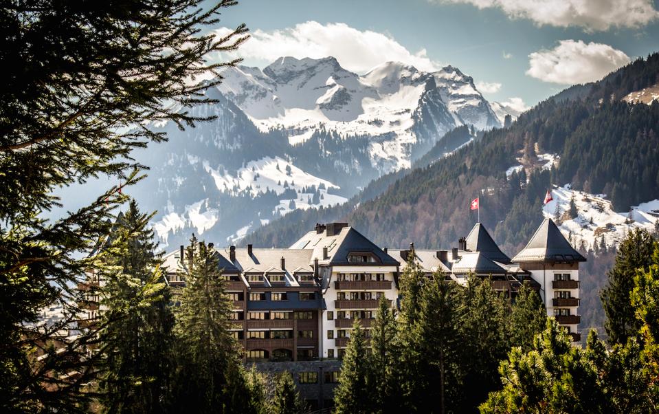 The exterior of Alpina Gstaad in the Swiss Alps.