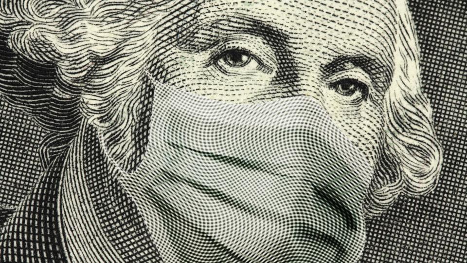 george washinton one dollar bill portrait wearing a medical mask