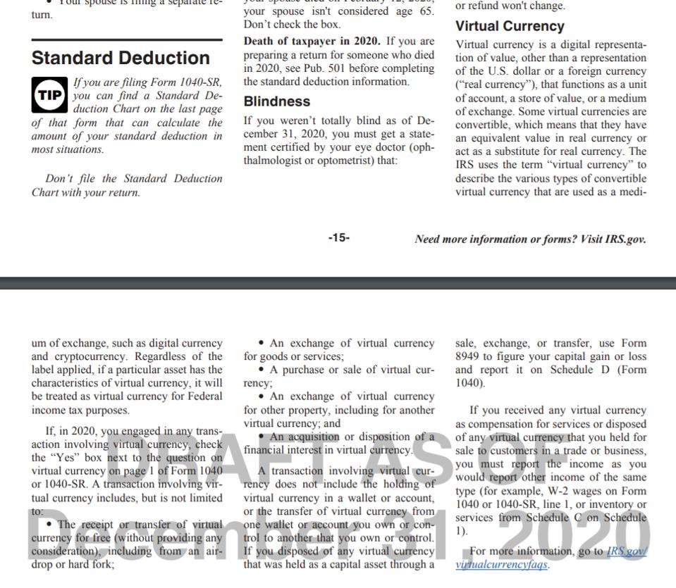 IRS Form 1040 Instructions updated as of December 31, 2020