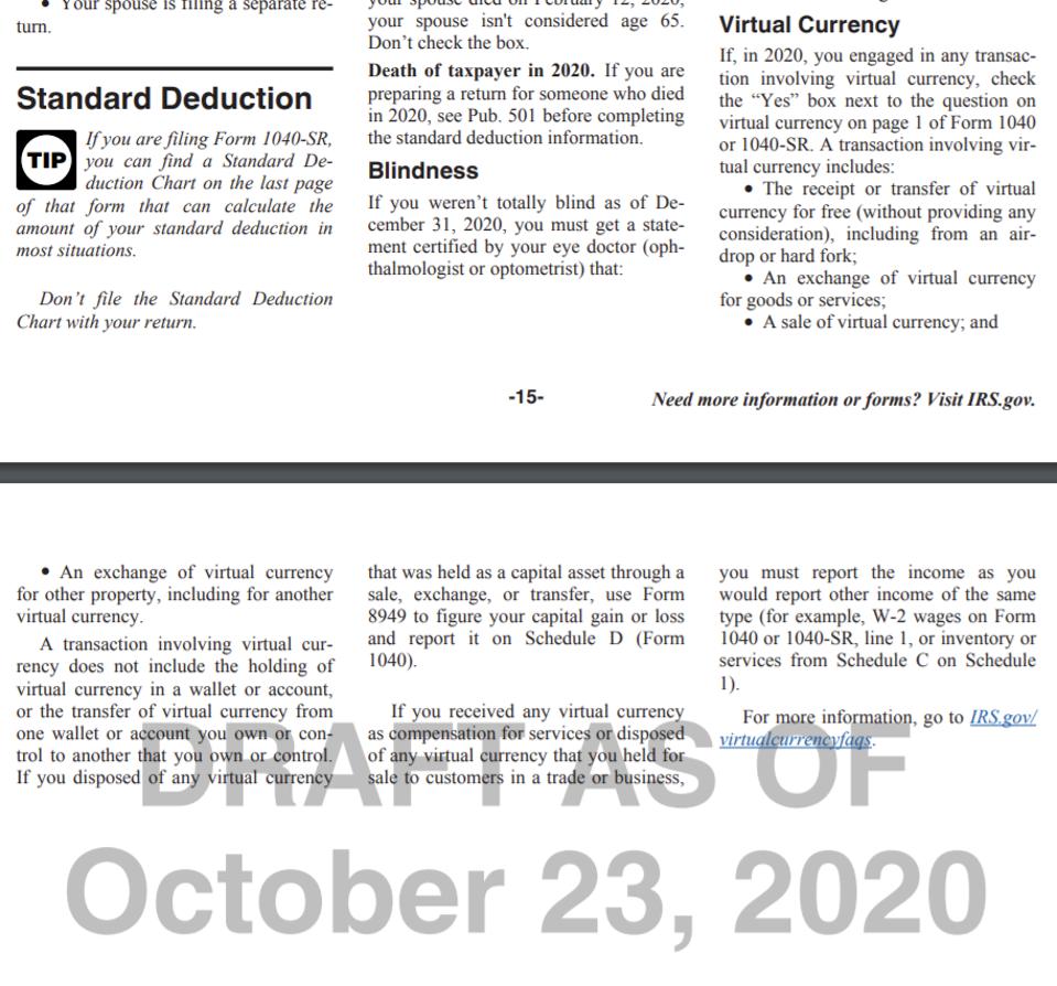 IRS Form 1040 Instructions updated as of October 23, 2020