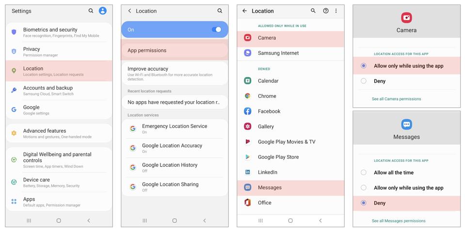 Location settings for Messages and Camera