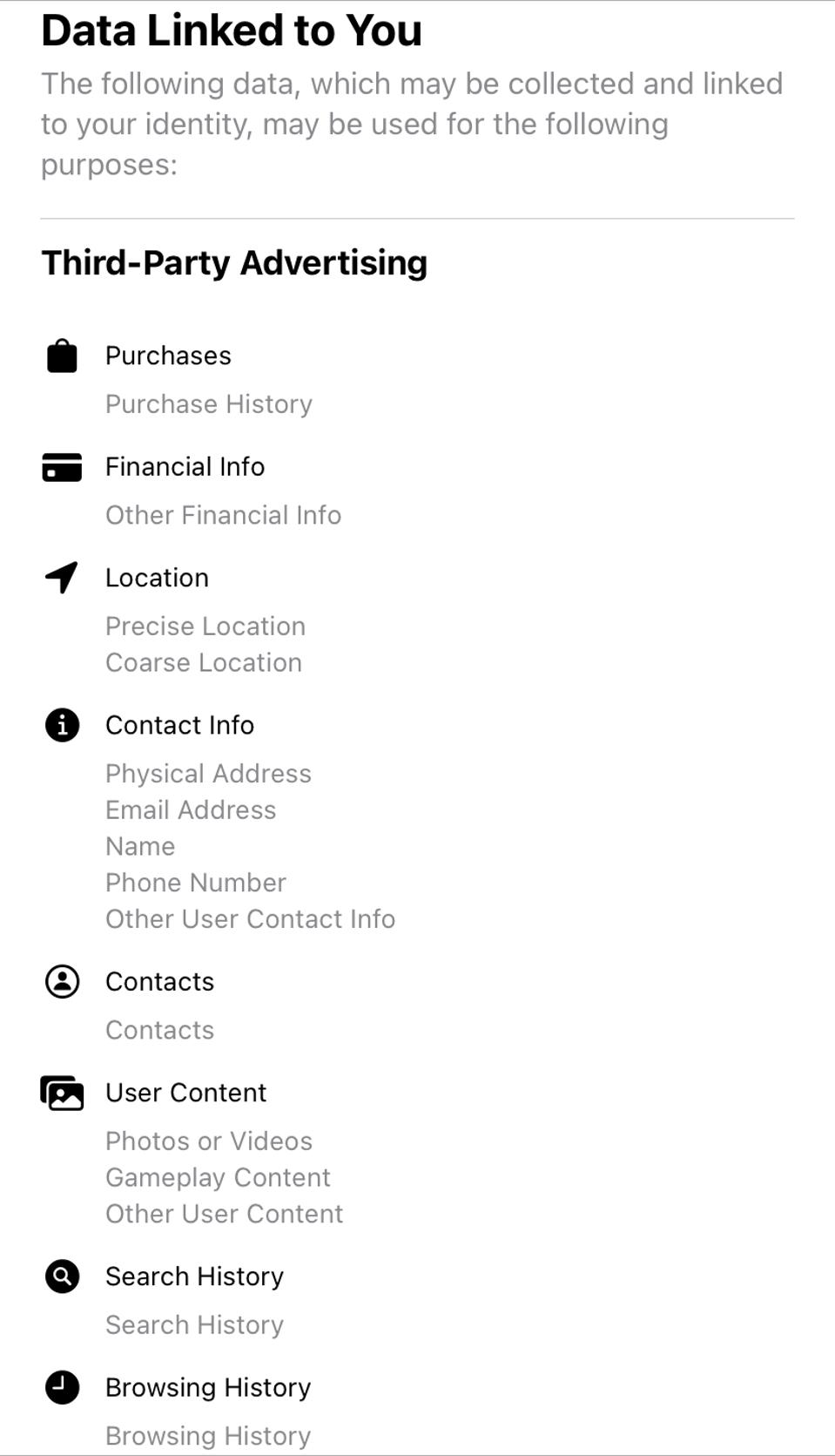 Apple privacy label for Facebook shows data linked to you