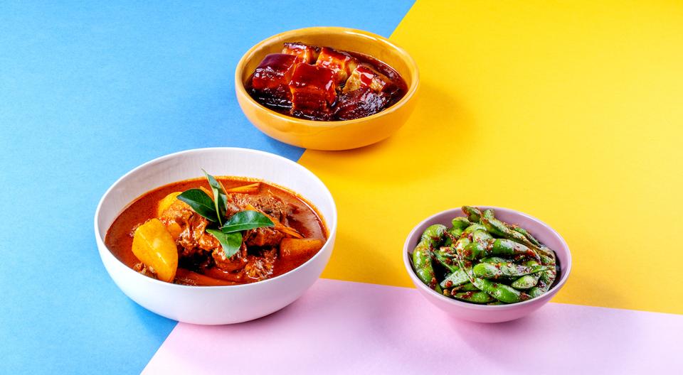 three bowls with Asian food