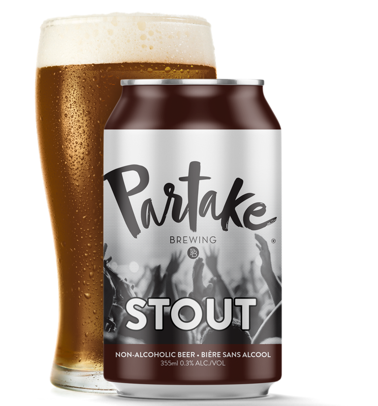 Can of Partake stout with pint glass