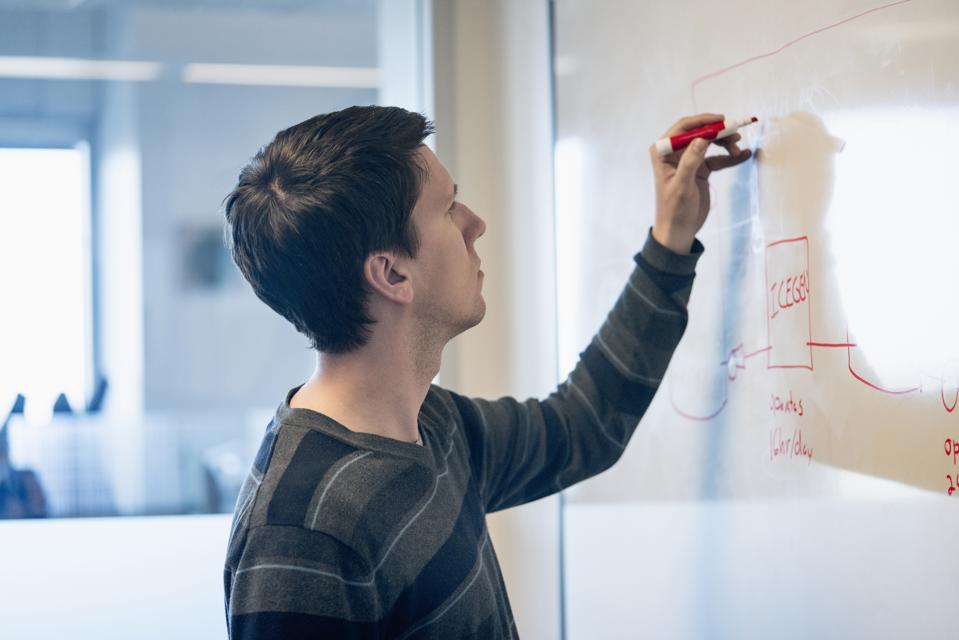 Caucasian businessman drawing on whiteboard