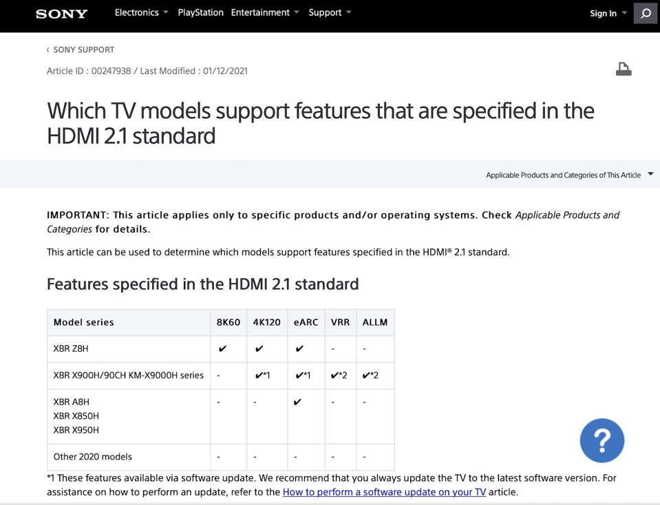 Sony Web Support screen