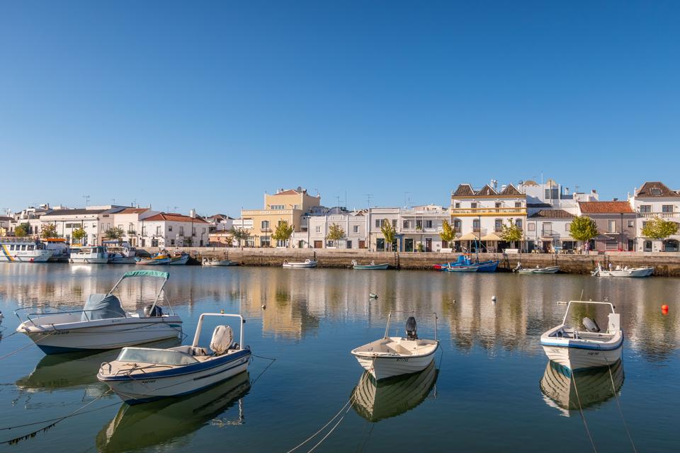 Tavira, Portugal - April 2019: Fishing boats at Tavira; Eastern Algave; Portugal