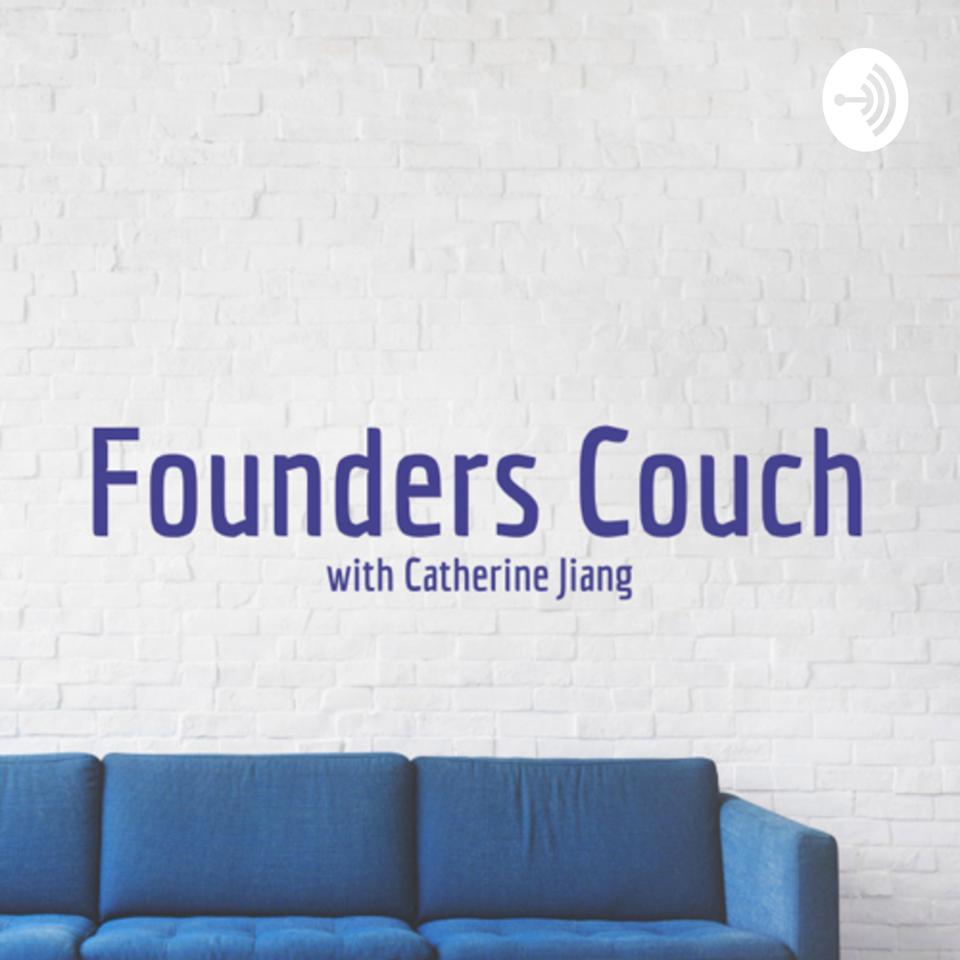 Founders Couch with Catherine Jiang logo above blue couch