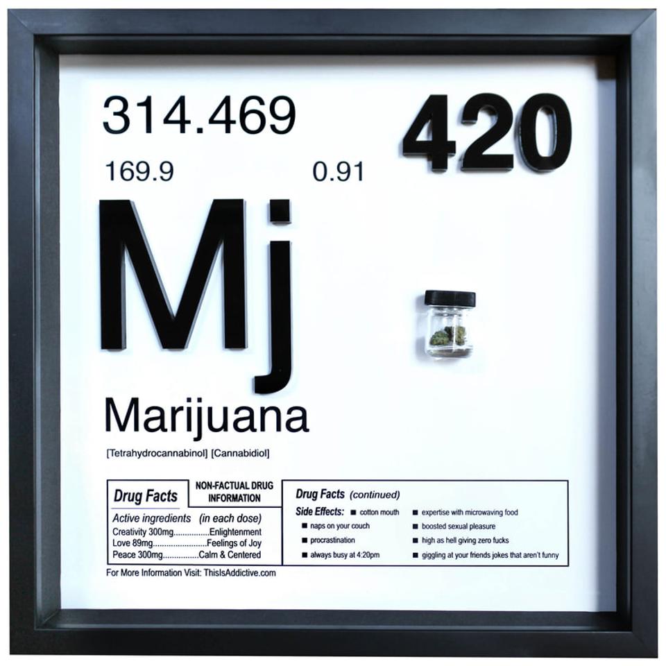 Daniel Allen Cohen uses real cannabis to fill his sculpture piece on Marijuana, part of a Periodic Table of Drugs.