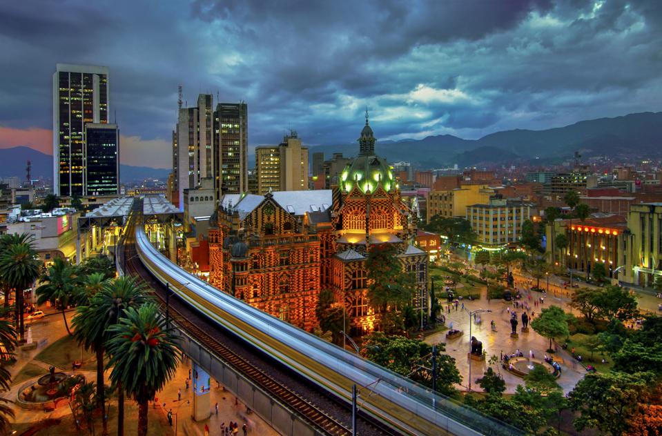 At night, the Plaza Botero in Medellin, Colombia