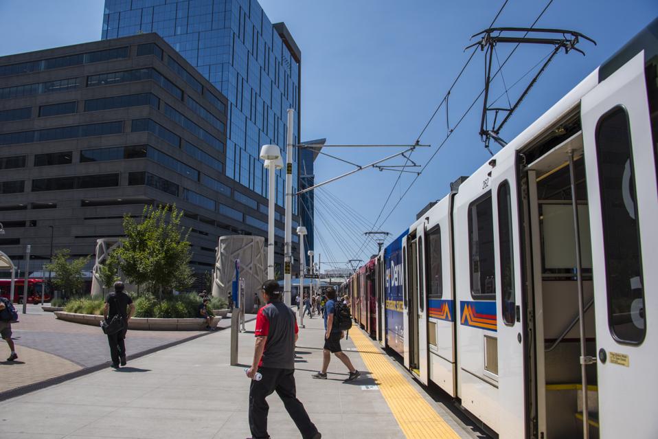 The rapid bus terminal at Union Station in downtown Denver, Colorado.
