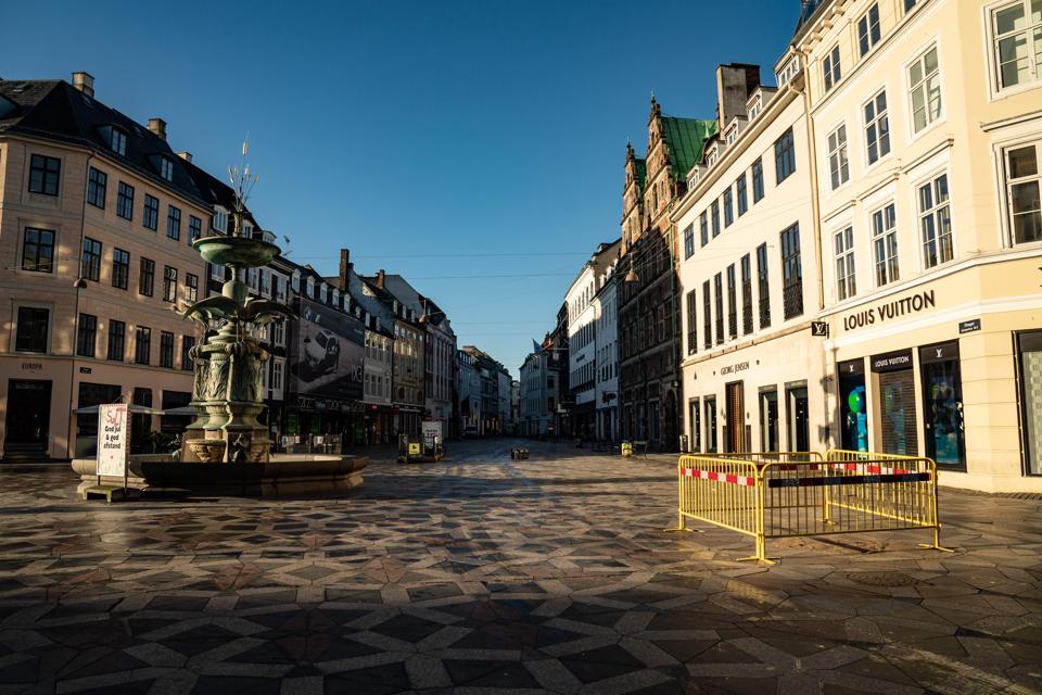 The famous ″Stroeget″ pedestrian street in Copenhagen, Denmark, is empty during the corona closure, on January 12, 2021.