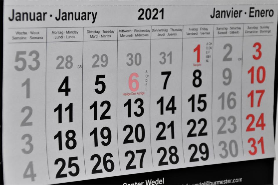 Calendar of January 2021