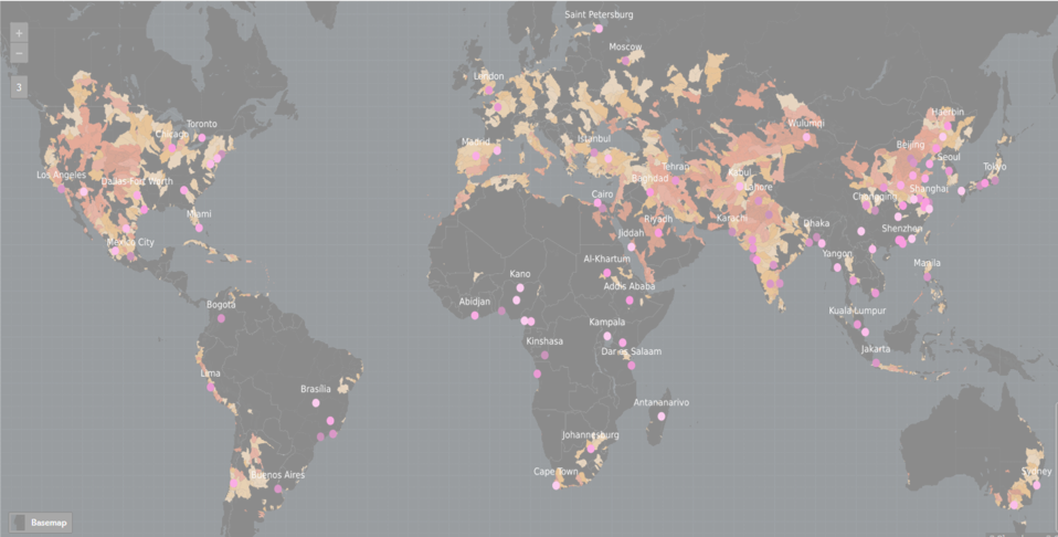 Image of globe highlighting cities threatened by water shortage
