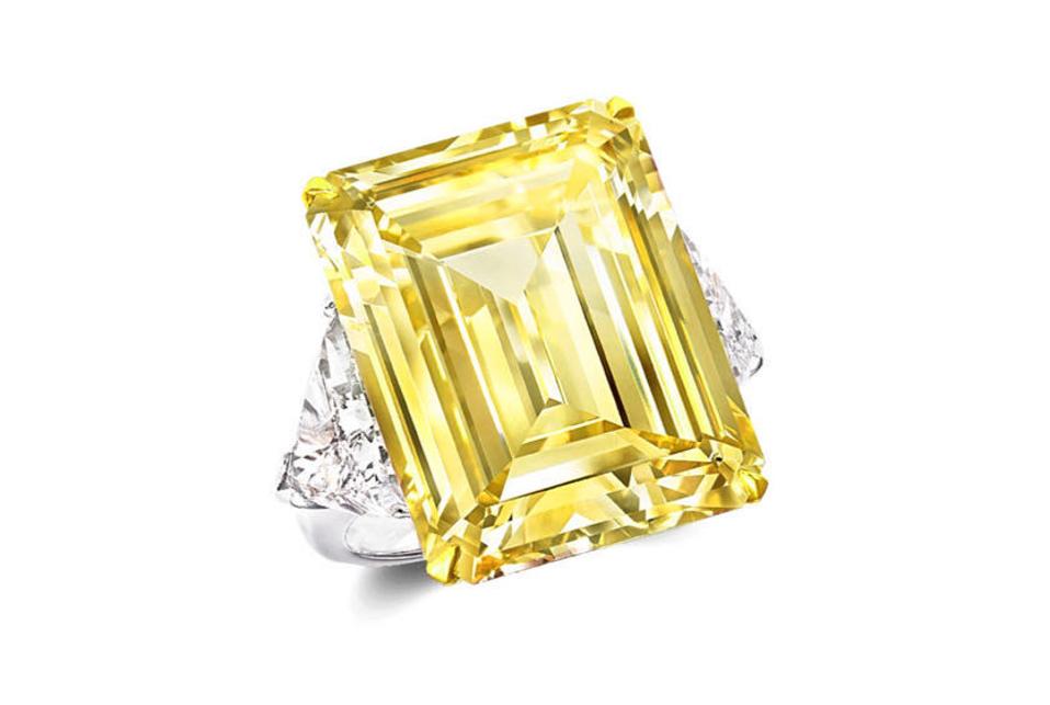 Sun of Africa” by Noor Jouel, a 12 carat fancy vivid yellow emerald cut ring. Available for $1,280.00.