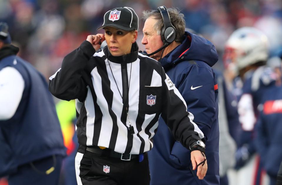 FOXBOROUGH, MASSACHUSETTS - JANUARY 13: NFL Down Judge Sarah Thomas looks on in the AFC Divisional Playoff Game between the New England Patriots and the Los Angeles Chargers at Gillette Stadium on January 13, 2019 in Foxborough, Massachusetts. (Photo by Maddie Meyer/Getty Images)