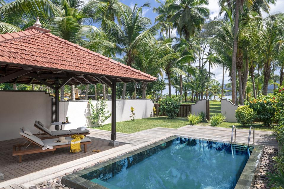 The swimming pool at Club Med Seychelles.