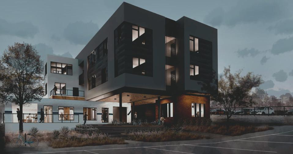An exterior rendering of Hotel Dryce, Fort Worth, Texas.