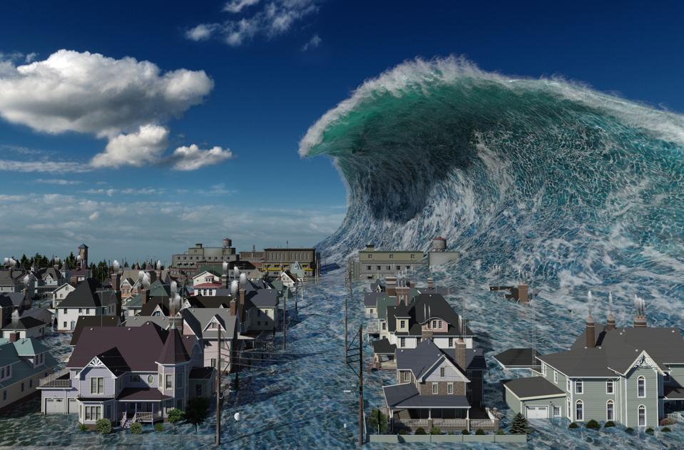 Tsunami wave apocalyptic water view urban flood Storm. 3D illustration