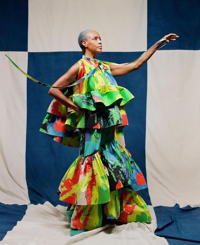 Christopher John Rogers model in vibrant two piece. 