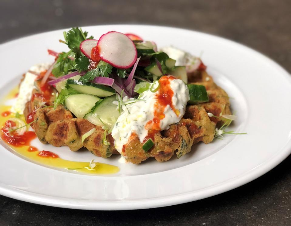 Falafel Waffle with Yogurt Sauce and Cucumber-Tomato Salad