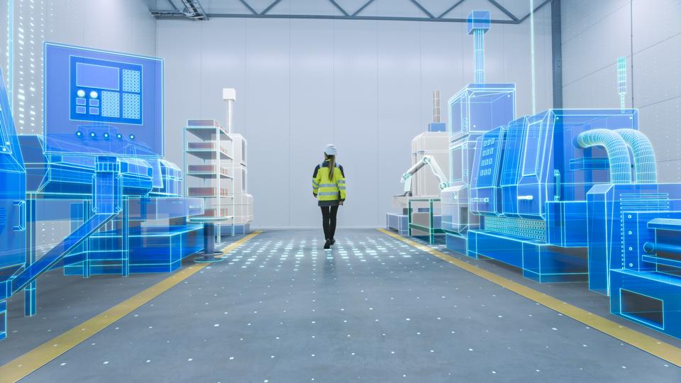 Female Engineer Walks Through Factory Workshop with Augmented Reality 3D Models CNC Machinery Production Line. Industry 4.0 Graphics Visualization in Factory. VFX Special Graphics and Visual Effects