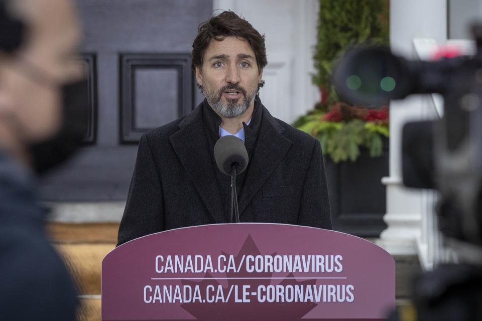 Canadian Prime Minister Justin Trudeau during a Covid-19 pandemic briefing from Rideau Cottage in Ottawa