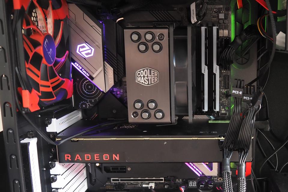 A picture of the Vega graphics card and CPU cooler inside PC case