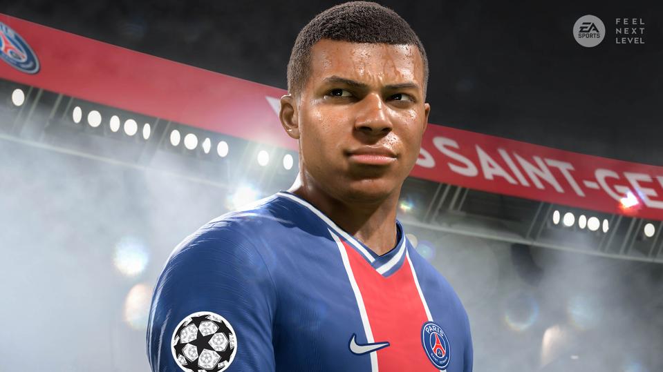 Image of Kylian Mbappe on cover of EA Sports' FIFA 21 video game.