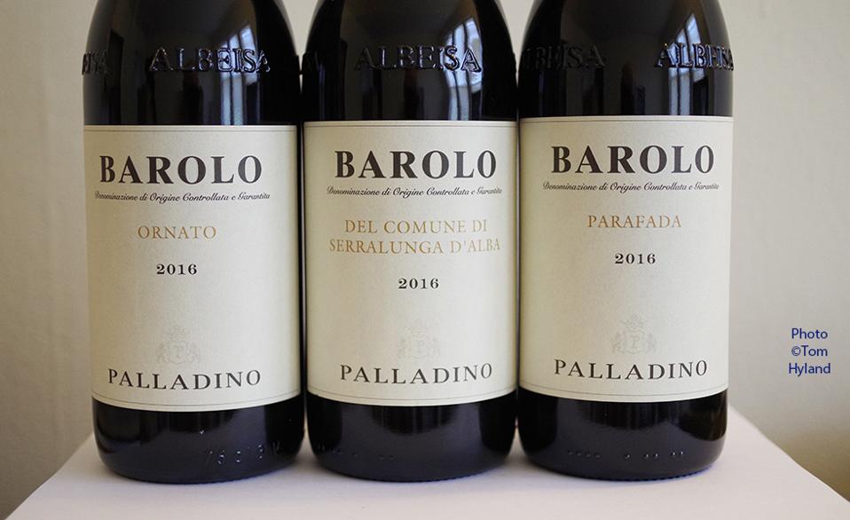 Bottles of Palladino Barolo from the 2016 vintage: Ornato, Serralunga, Parafada