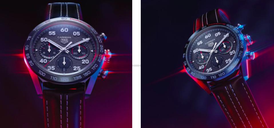 The Porsche colors of red, black, and grey – which also recall historic Heuer models – are incorporated throughout the watch,
