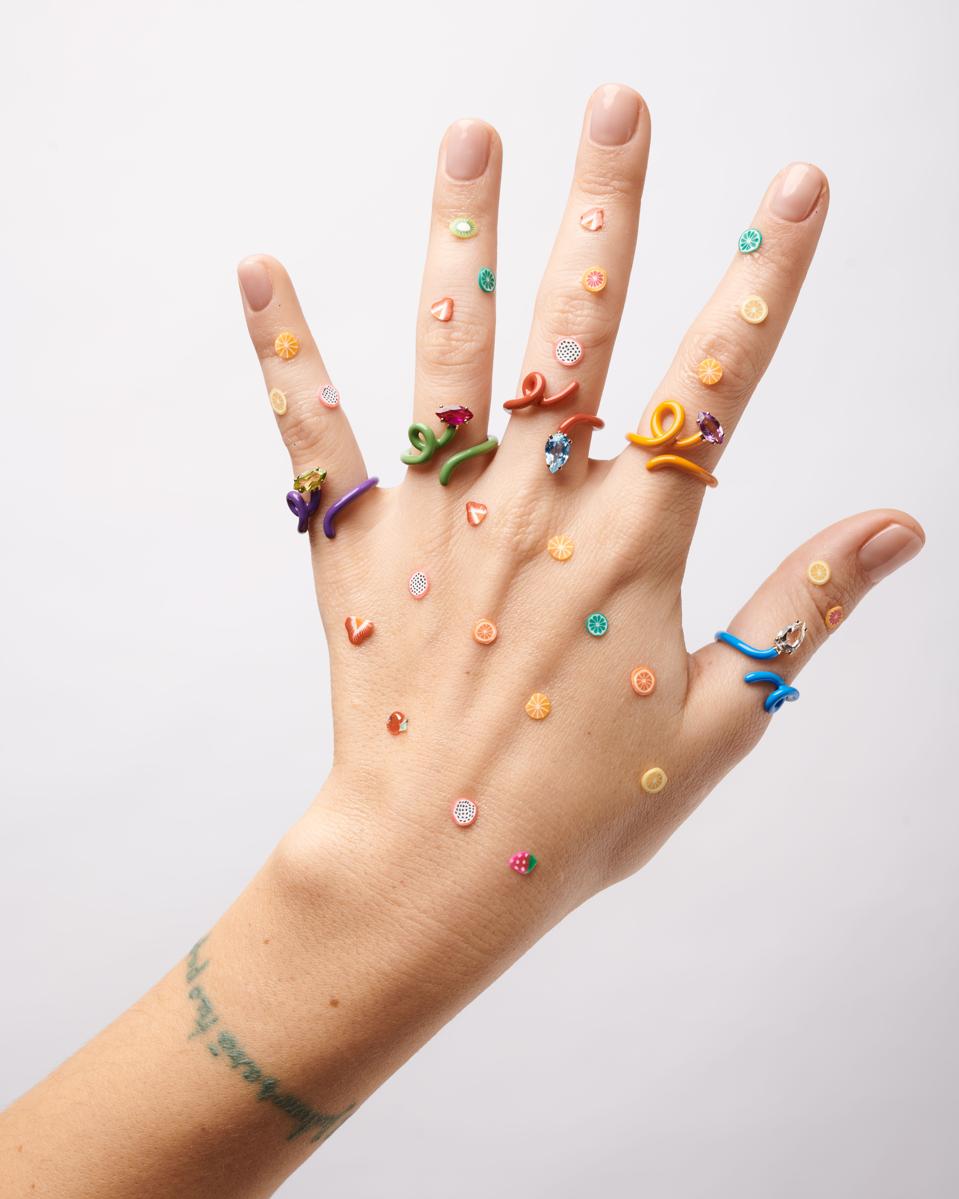 Richly colorful enameled ″Floriculture″ rings by designer Bea Bongiasca.