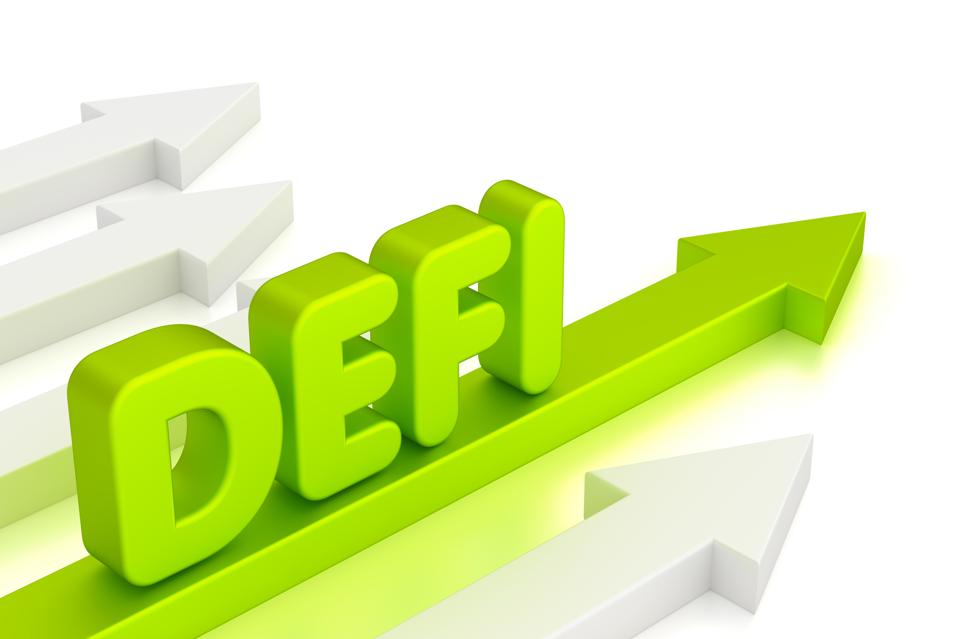 Upward-pointing green arrow with text ″DEFI.″ Decentralized finance/fintech concept.