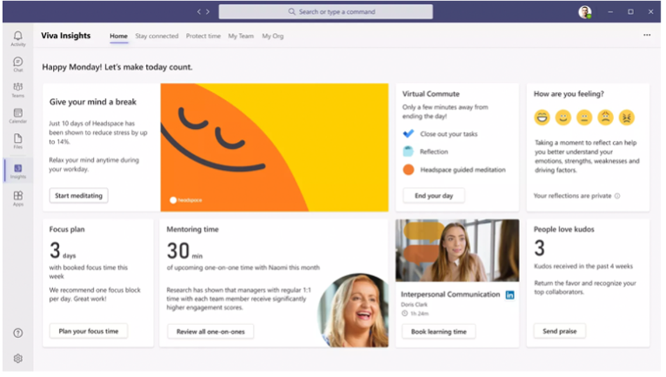 Microsoft Viva Insights screenshot of information available through the tool