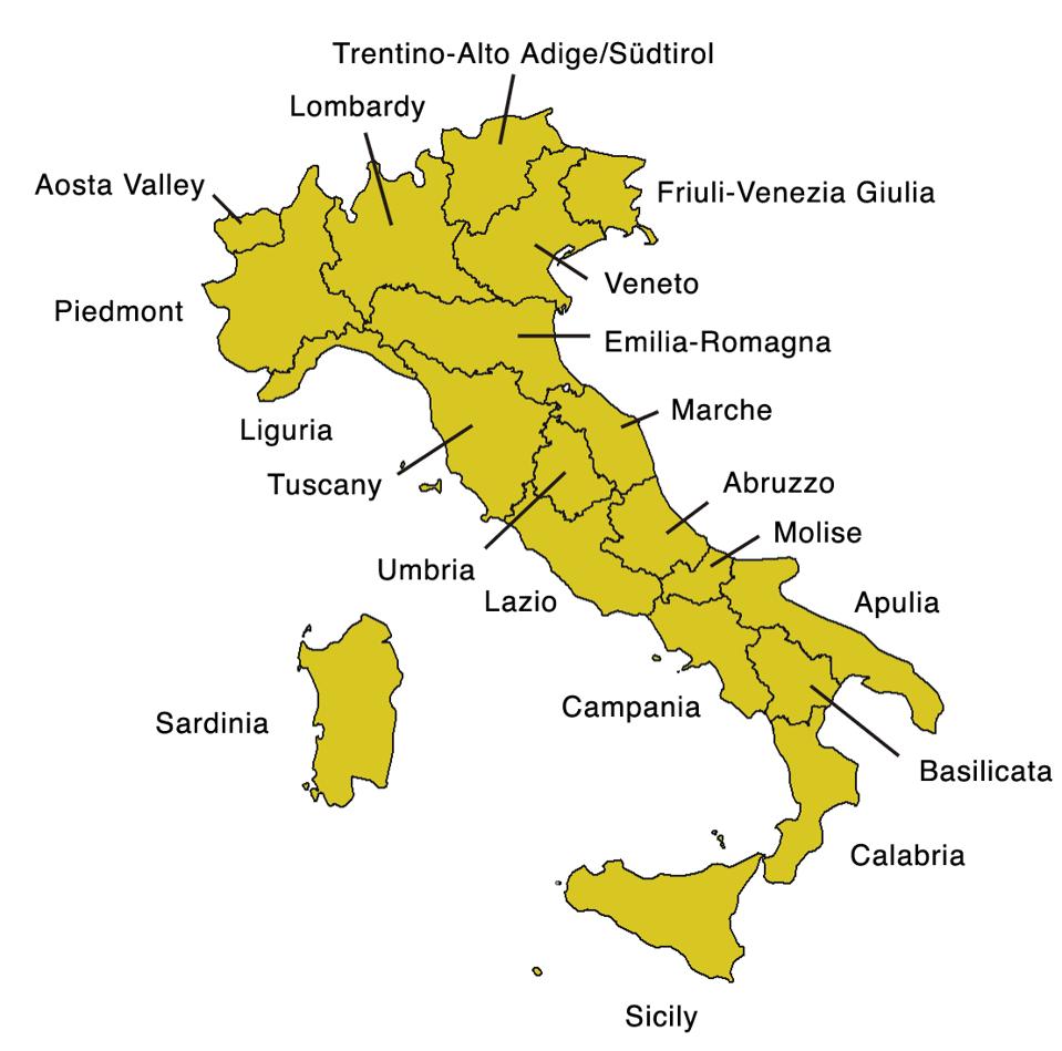 A map of Italy's 20 regions